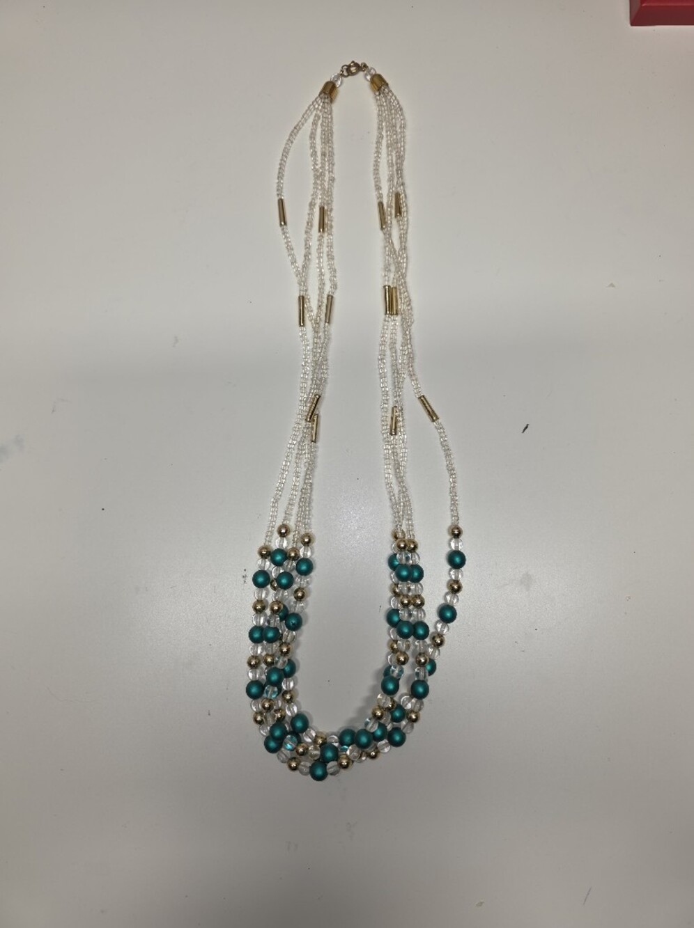 Long Multi-Strand Teal and Gold Beaded Necklace - Women Jewelry 27"
